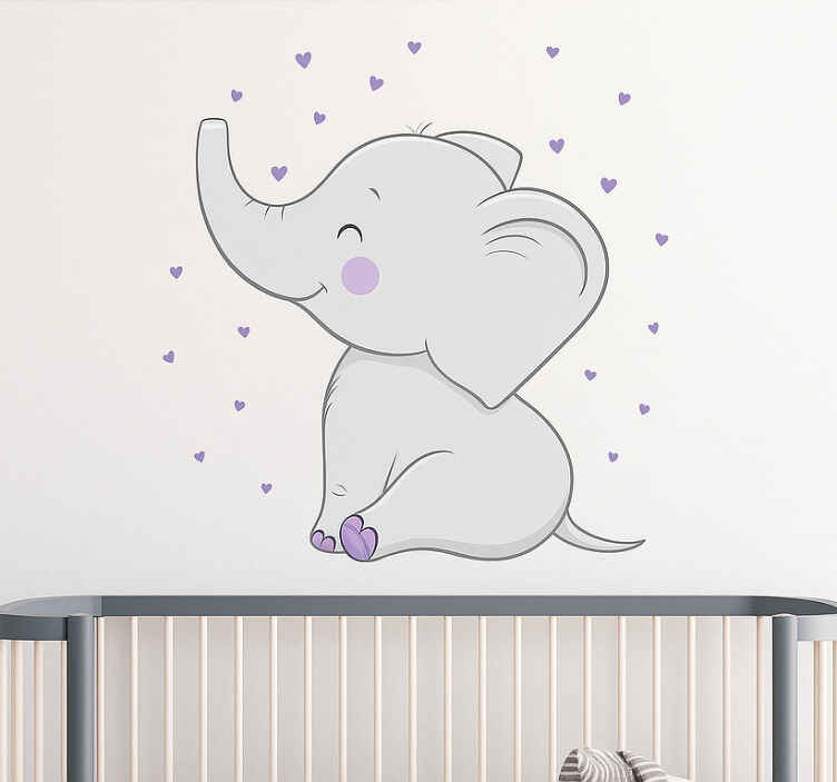 Nursery room wall decal happy purple hearts elephant - TenStickers