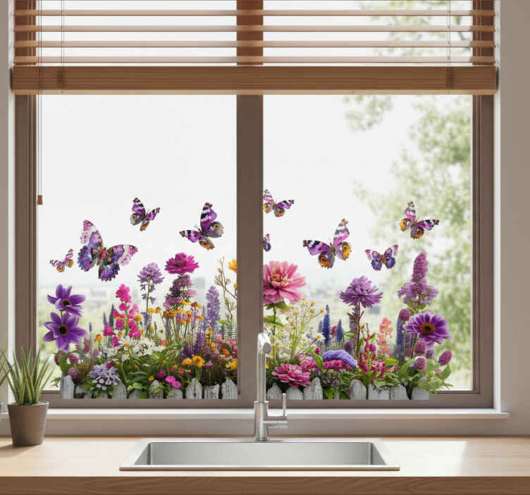 Vinilo para ventana jardín de flores mariposas - TenVinilo
