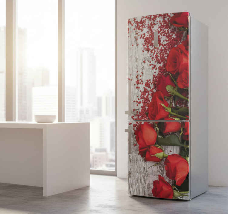 Folie kühlschrank rote rosen auf weißem holz - TenStickers