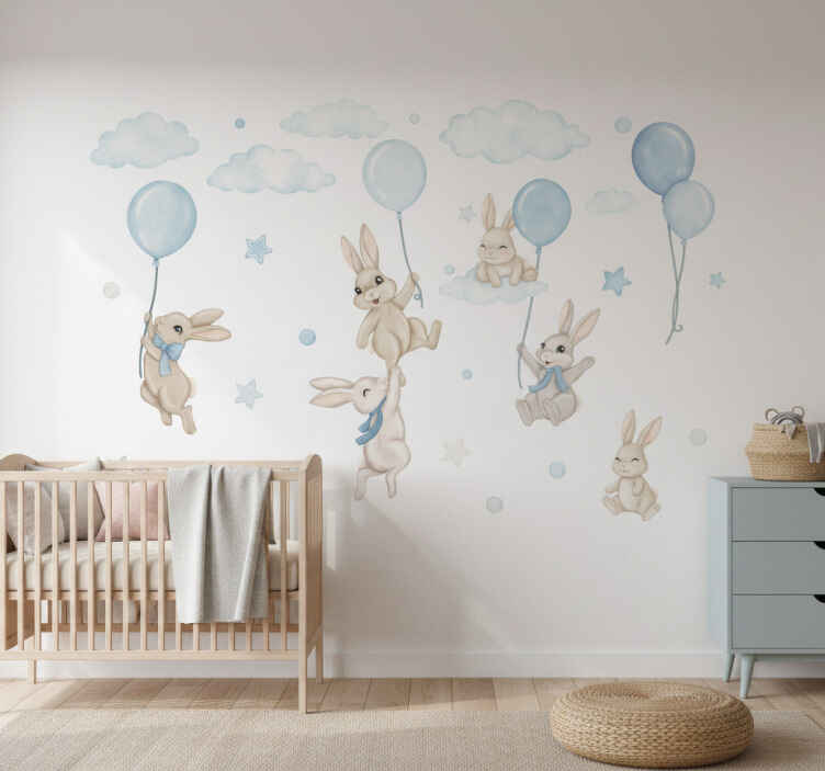 Vinilo infantil con conejitos adorables y globos - TenVinilo