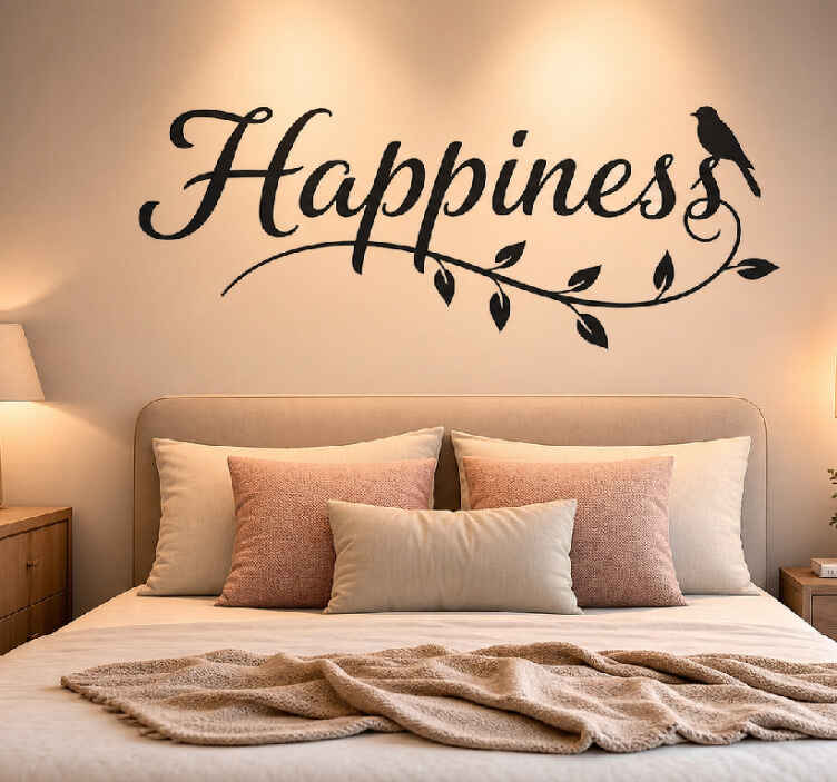 Sticker mural chambre bonheur en cursive et feuillage - TenStickers