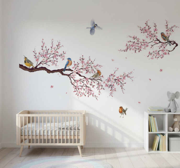 Sticker fleur branches de printemps et oiseaux - TenStickers