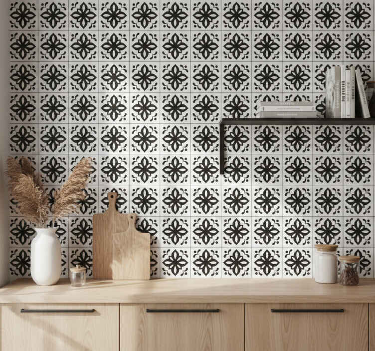 Sticker carrelage motif étoile florale noire - TenStickers