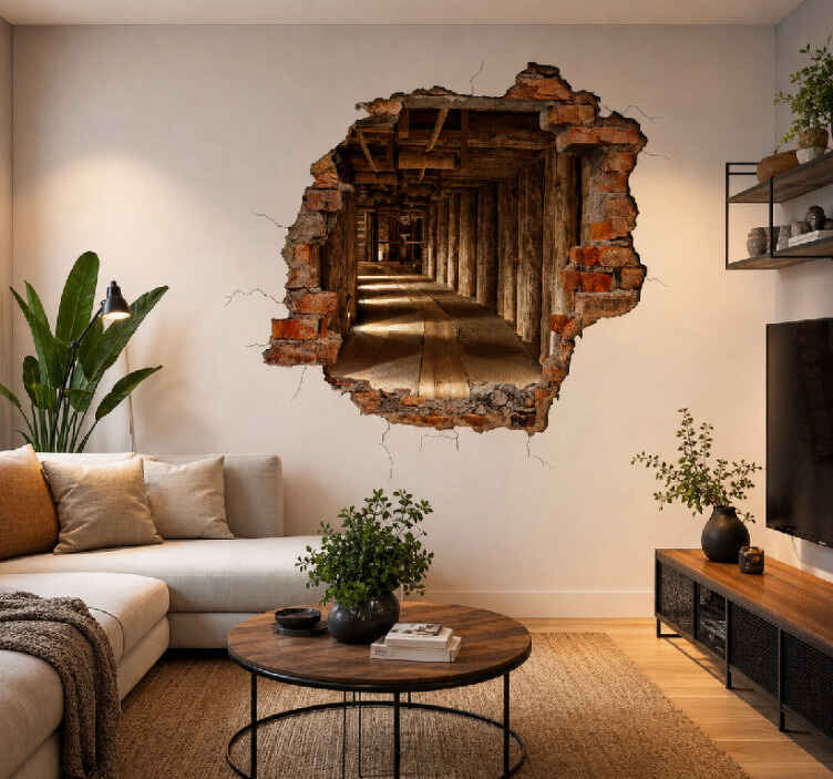 Vinilo 3d pared rota madera mina - TenVinilo