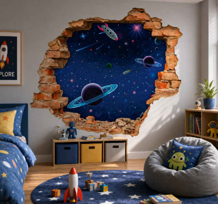 3d wall sticker broken wall outer space - TenStickers