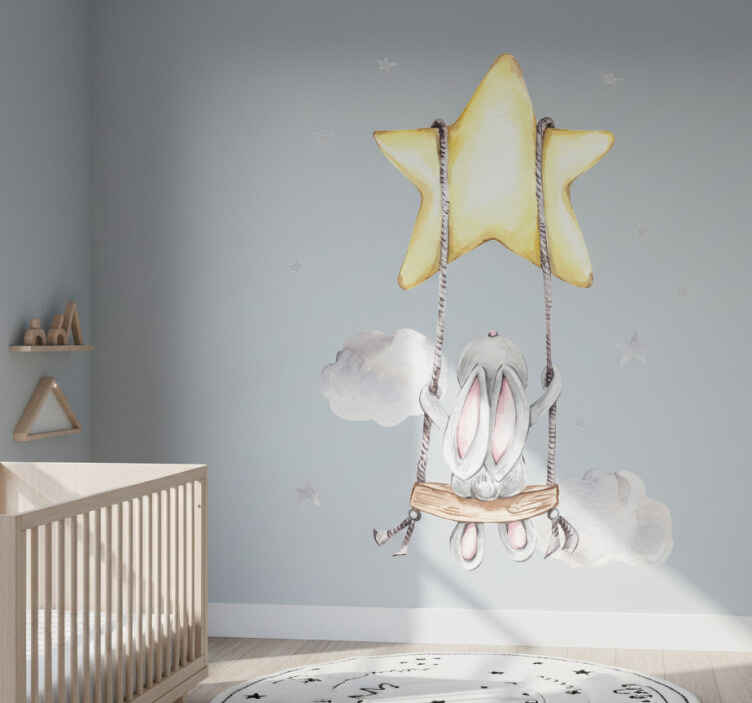 Sticker chambre enfant lapin en balançoire étoile - TenStickers