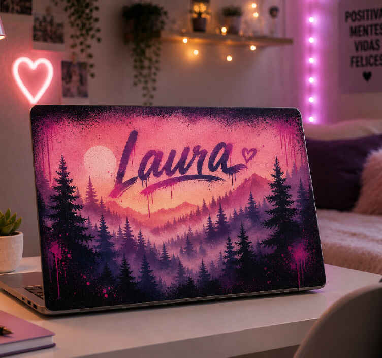 Vinilo para portátil graffiti de bosque neón con nombre - TenVinilo