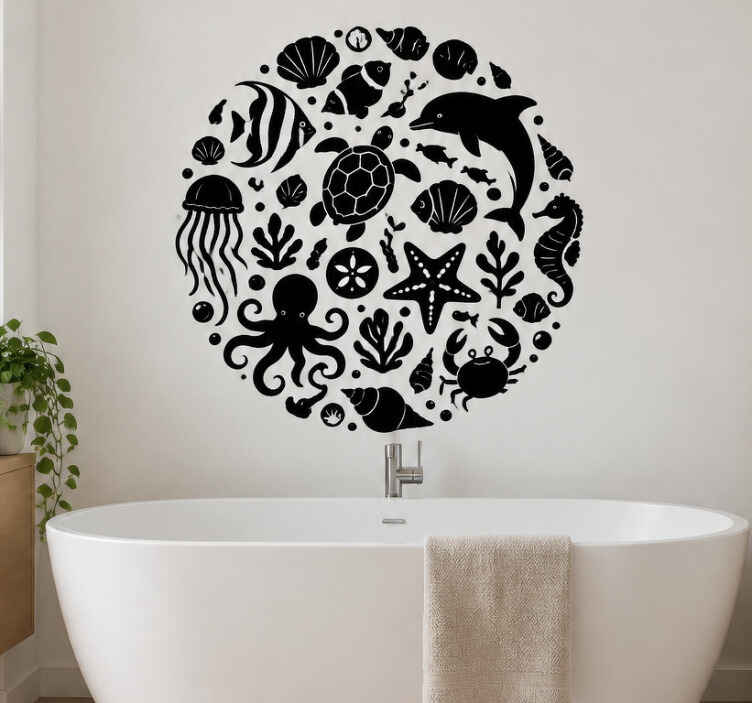 Bathroom wall sticker monochrome sea animals - TenStickers