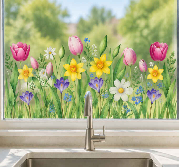 Raamsticker kleurrijke lentebloemen - TenStickers