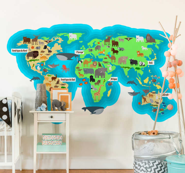 Sticker carte du monde planisphère enfants français - TenStickers