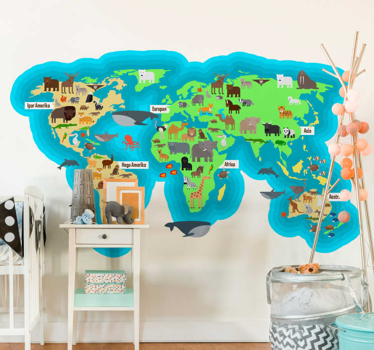 Vinilo pared Mapamundi Animal Fauna con Oceano - como decorar