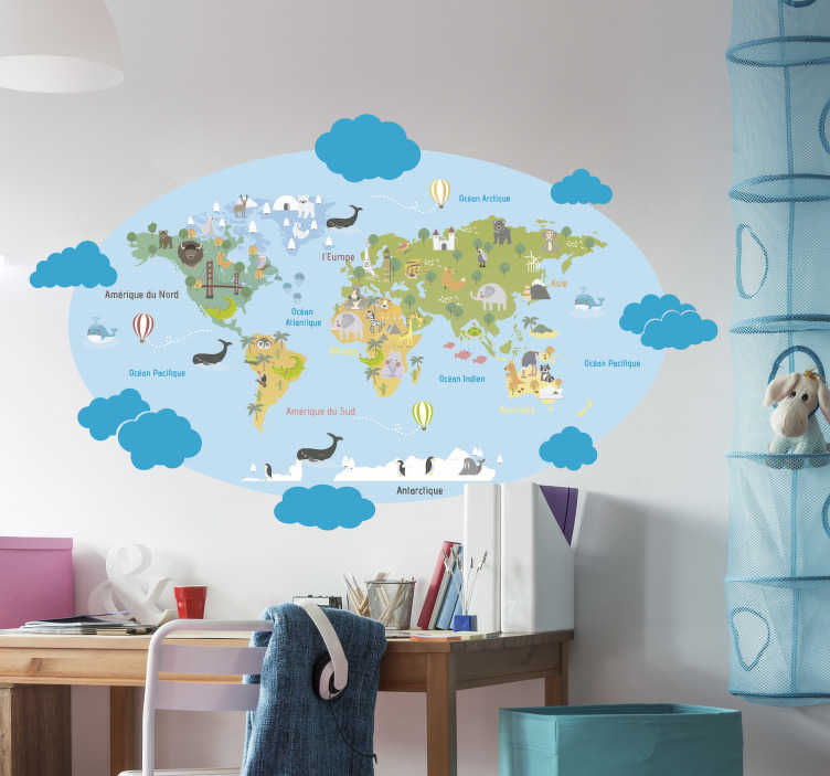 FRENCH Carte Du Monde Blue CANVAS / World Map FRENCH Version / Carte Du Monde  Enfant / Mappemonde Animaux / Décoration Murale Chambre Enfant 