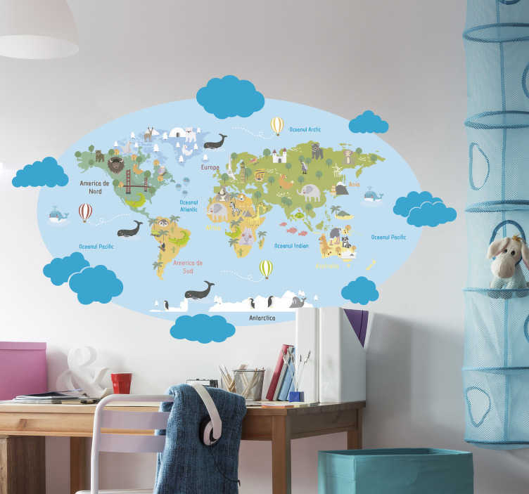 Rumanian pentru copii planisferă hartă mondială decal - TenStickers