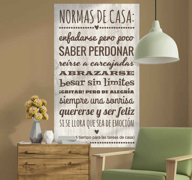 Frase para la pared reglas de la casa textura madera - TenVinilo