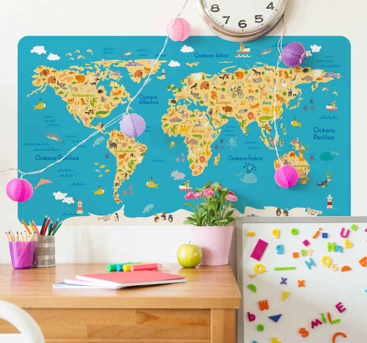 Vinilo mapamundi rectangular fauna infantil - TenVinilo