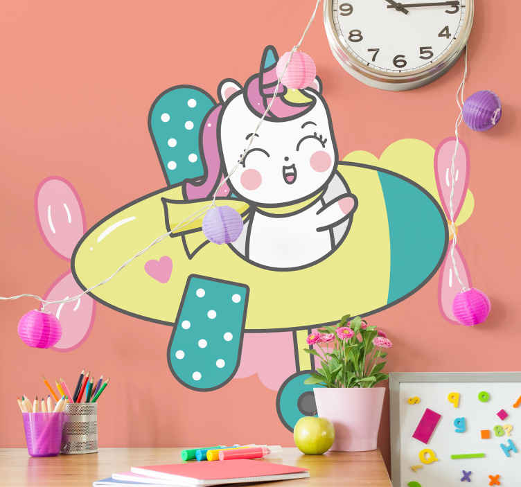 Children unicorn plane illustration wall art decal TenStickers