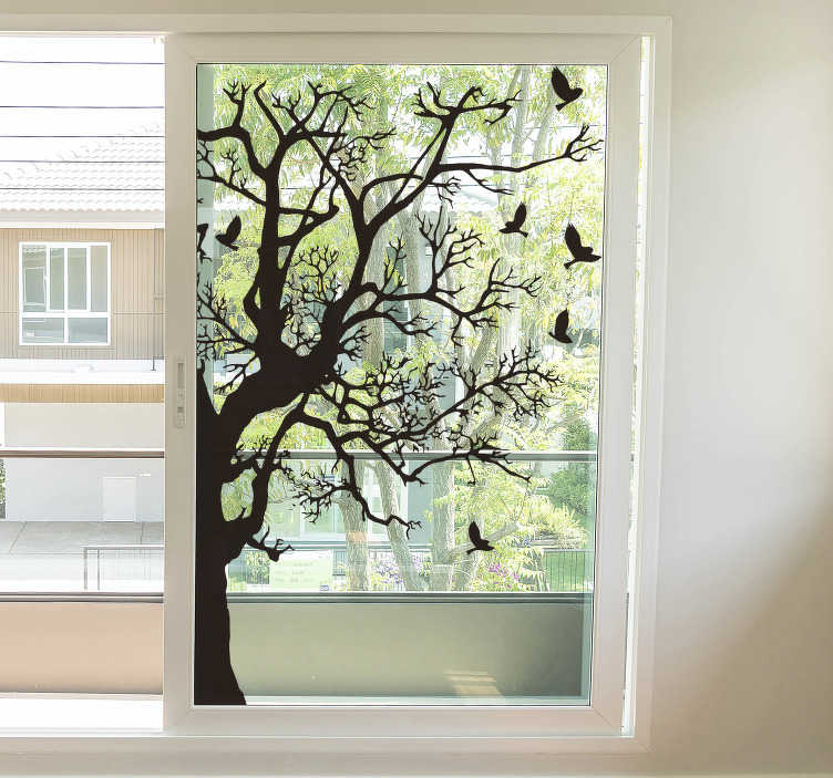 la licenciatura Turbulencia Rancio Vinilo para ventana de árbol con aves - TenVinilo
