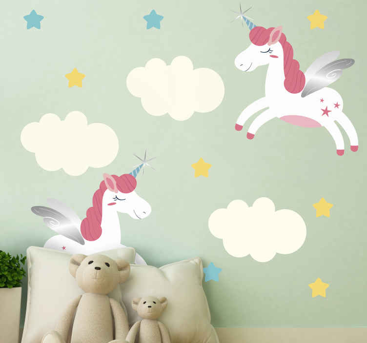 Unicorn and fairy on toadstool scene with stars personalized vinyl wall art