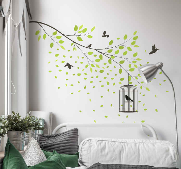 Sticker Mural Fleur Arbre de printemps avec des oiseaux verts - TenStickers