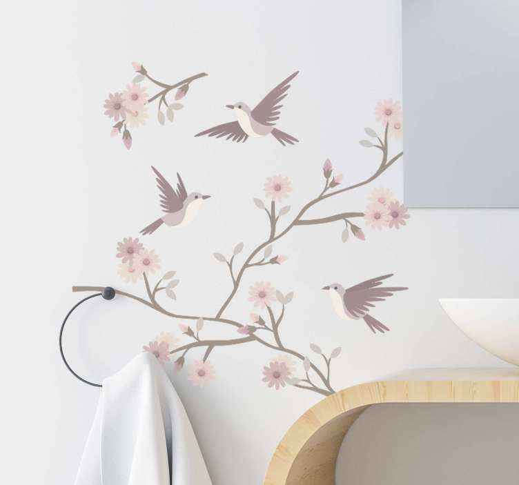 Vinilo decorativo Pareja de pájaros sobre rama y flores