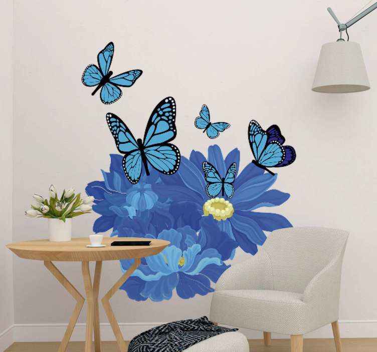 Publicity tea Subordinate Flori albastre acuarelate cu flori fluturi decor de perete - TenStickers