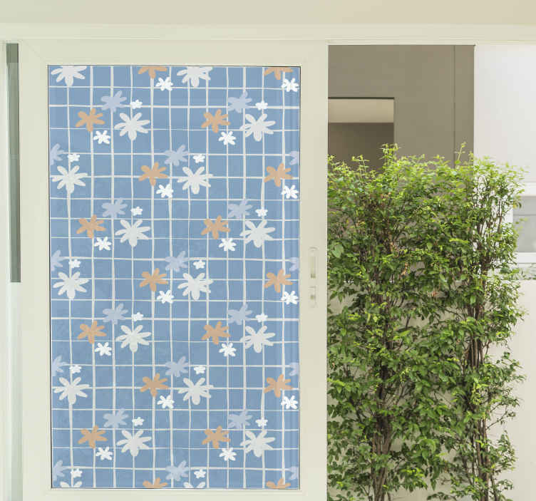 Vitrophanie vitrine sticker bleu géométrique avec des marguerites