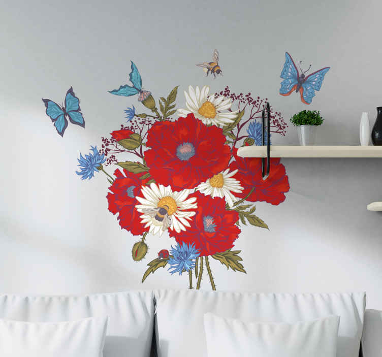 Sticker Mural Fleur Coquelicots aux papillons - TenStickers