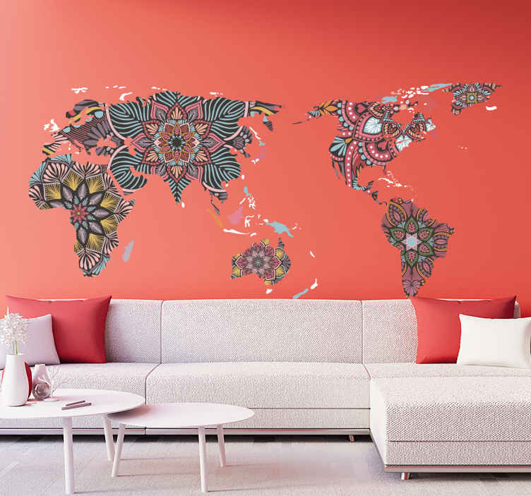 Mandala themed world map wall sticker - TenStickers