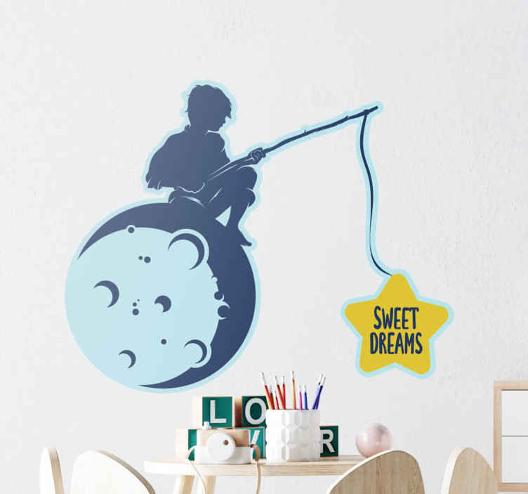 Stencil Bambino sui sogni di pesca sulla luna