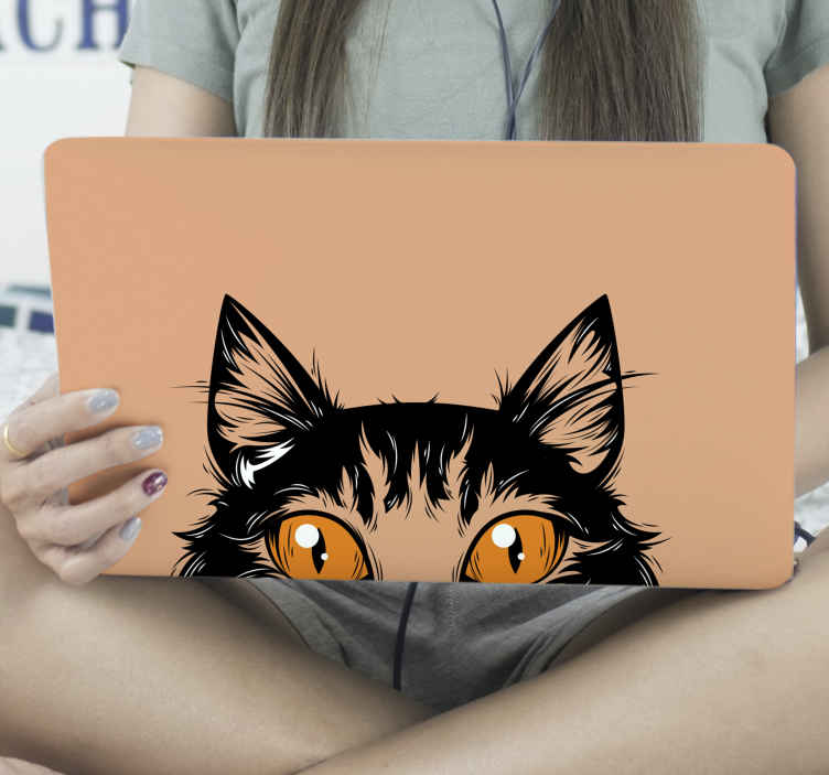 Sticker Ordinateur Portable Visage De Chat Aux Yeux Orange Tenstickers