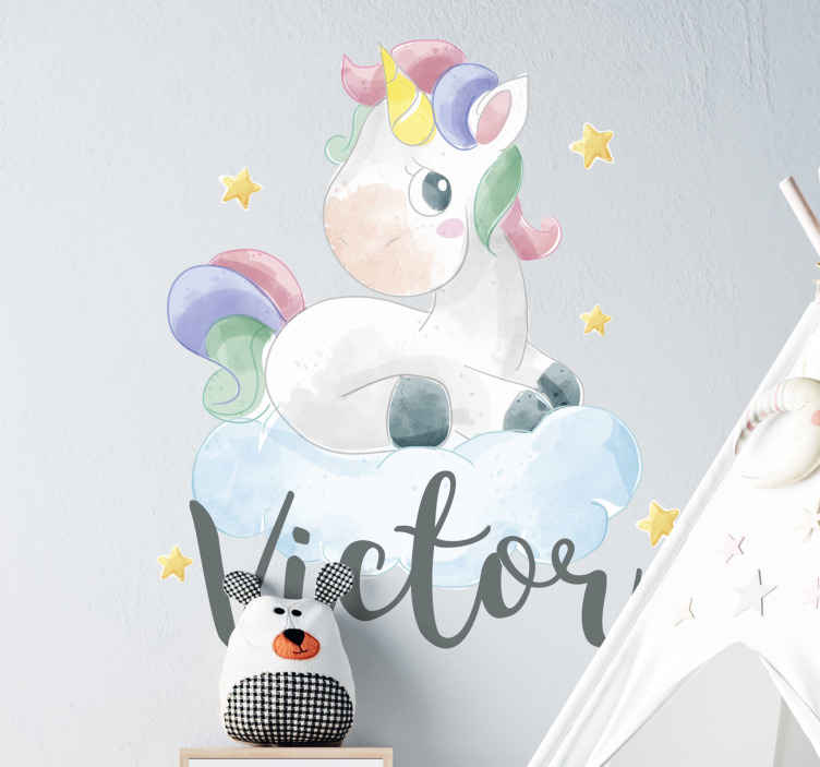 Vinilo decorativo personalizable Unicornio acuarela nubes - decoración en