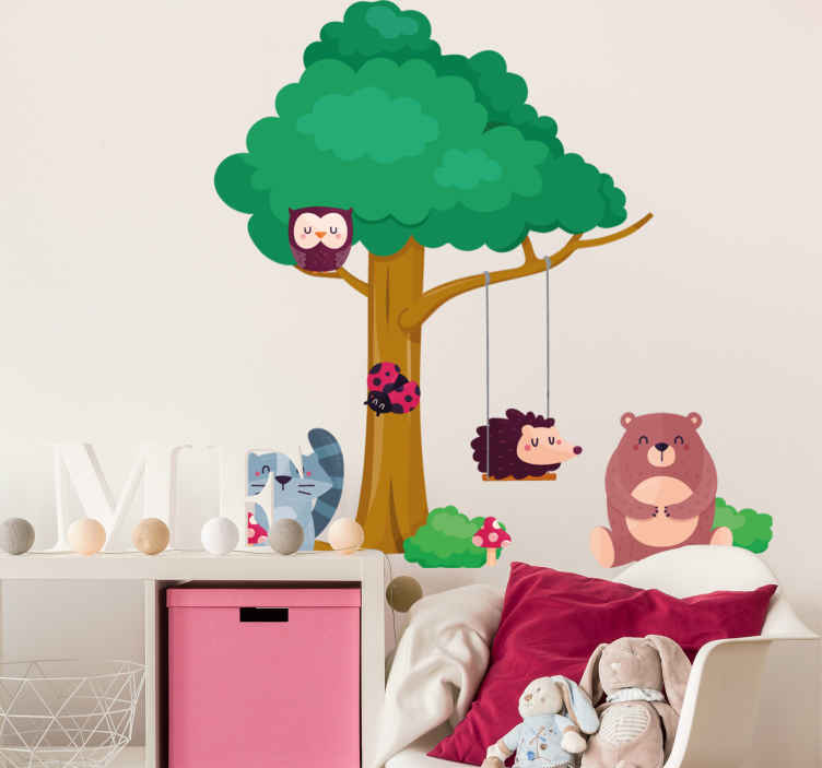 Fymural Cartoon Kid Bedroom Decor Forest Animal Monkey Owls Hedgehog Tree Wall Sticker Baby Swing Nursery Murals Decals DIY Vinyl Removable Wall Art for Kids Girls Room 