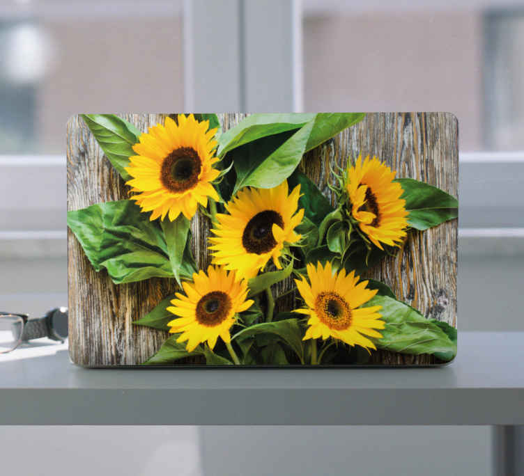 Sunflowers With Wood Planks Laptop Stickers Tenstickers