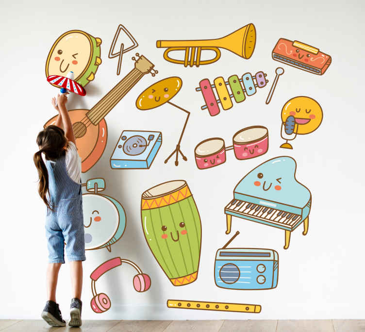 Mural habitación infantil Divertidos instrumentos musicales sonri -  TenVinilo