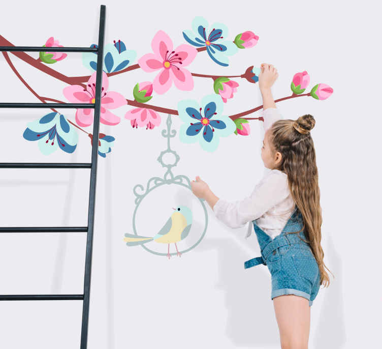 Blue and pink flowers with open cage decal - TenStickers