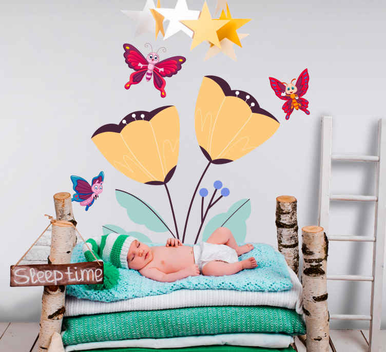 Sretni leptiri s cvijećem naljepnica na vratima - TenStickers