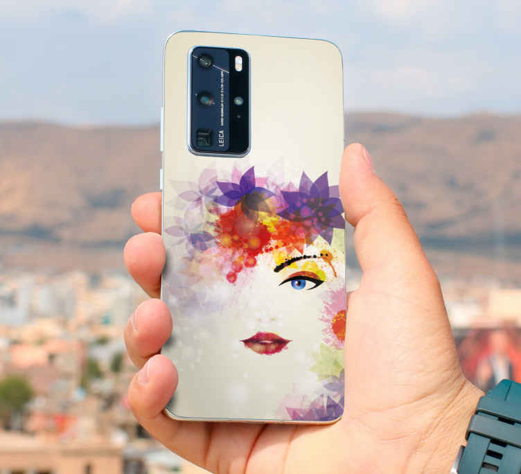 Sticker huawei Chica de moda y diseño de flores. - TenVinilo