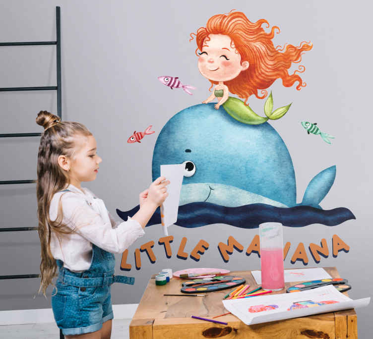 Sticker Chambre Enfant Bebe Sirene Avec Baleine Rose Tenstickers