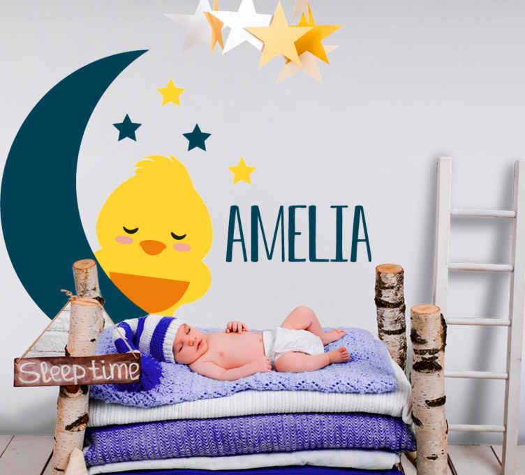 Sticker Oiseau Bebe Poussin Sur La Lune Avec Nom Tenstickers