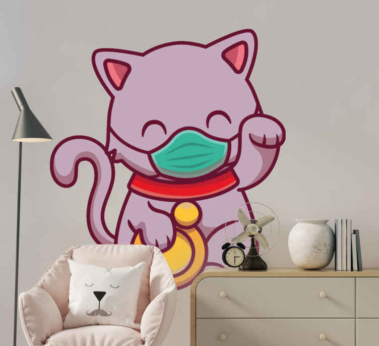 Cute lucky cat wearing mask cat decal - TenStickers