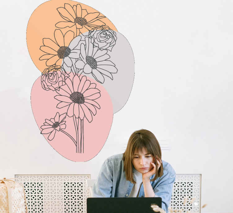 ひまわりとバラの花束ラインアートデカール Tenstickers