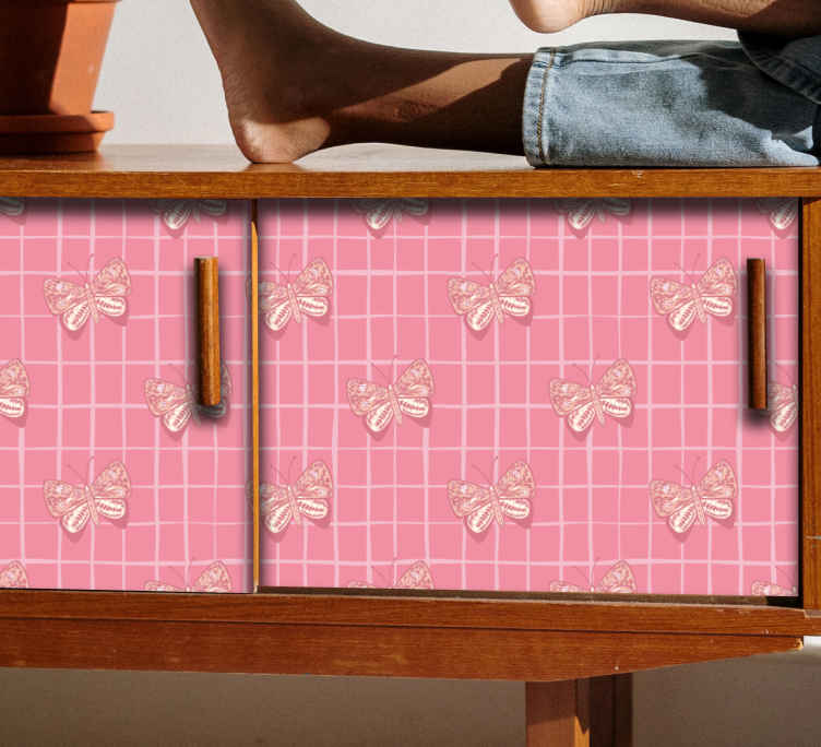 Check pattern with butterflies furniture decal - TenStickers