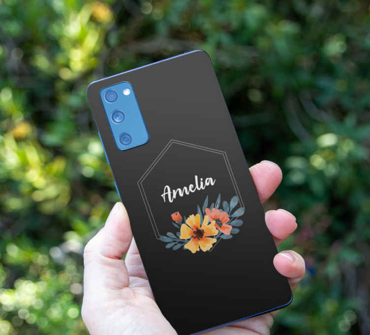 Adesivo Samsung Sfondo nero con fiori e nome