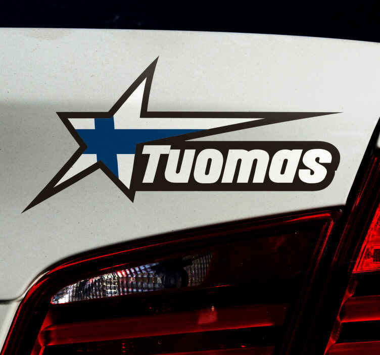 Suomalainen lippu tähdessä ja muokatussa nimessä autotarrat - Tenstickers