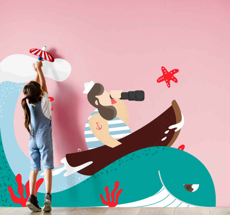 Whale carrying wooden boat animal wall decal - TenStickers