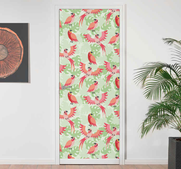 Red birds on green leaves door sticker - TenStickers