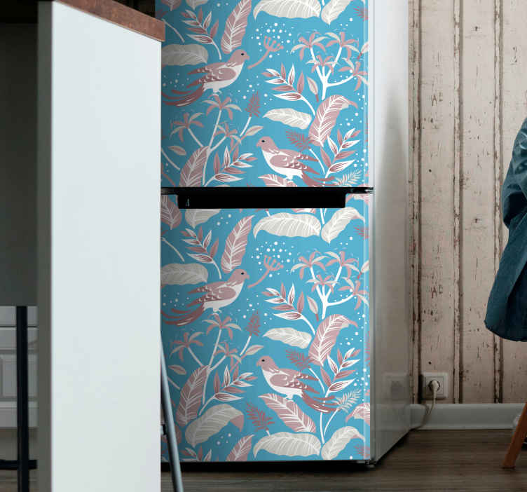 White birds on blue tropical leave fridge decal - TenStickers