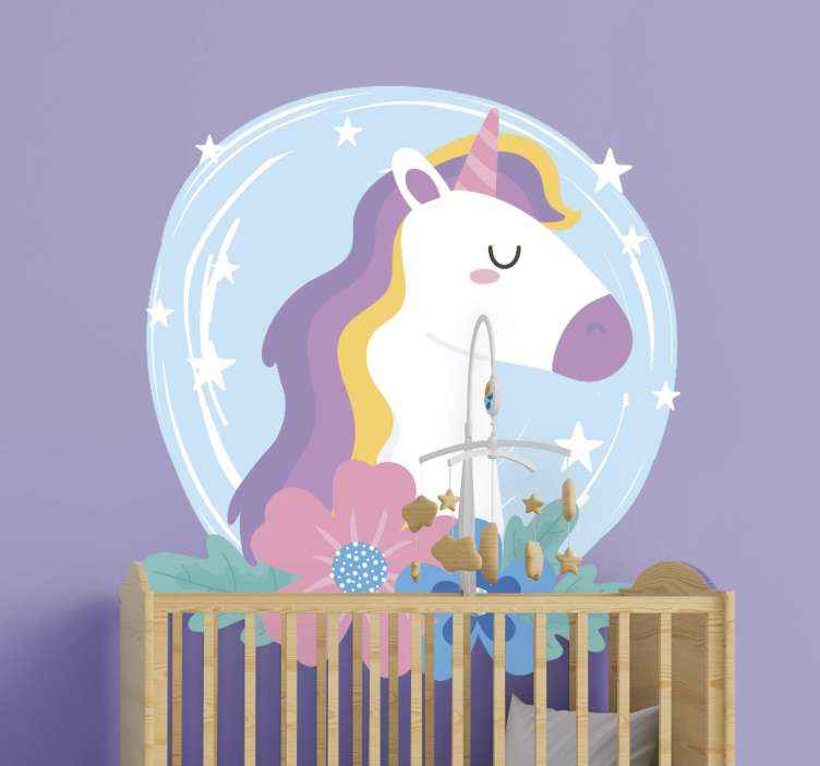 Unicorn børnehave vægoverføringsbillede med lyst hår - TenStickers