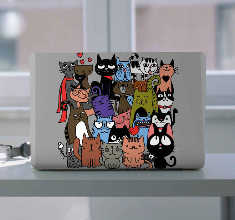 Pegatina para portátiles Lindos gatos coloridos con fondo negro - TenVinilo