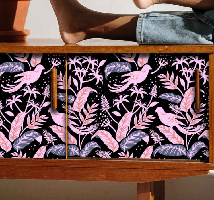 Adesivo per mobile Uccelli neri e rosa sulle foglie